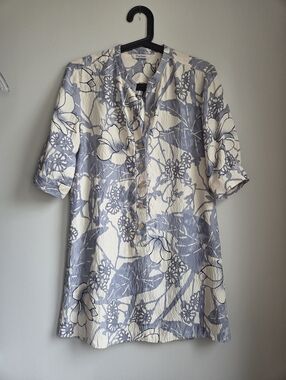 100% SILK Floral EUC Short-Sleeve Button Shirt Tunic Mini Dress Tucker S